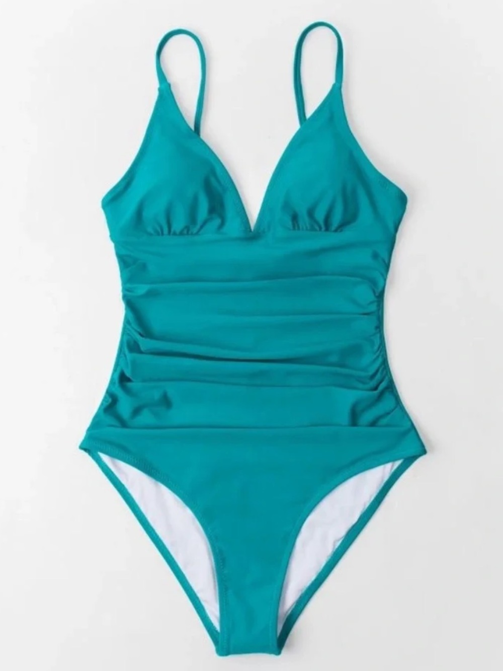 NWT Turquoise Teal Ruched One Piece Swimsuit Tummy Control V-Neck Size Large